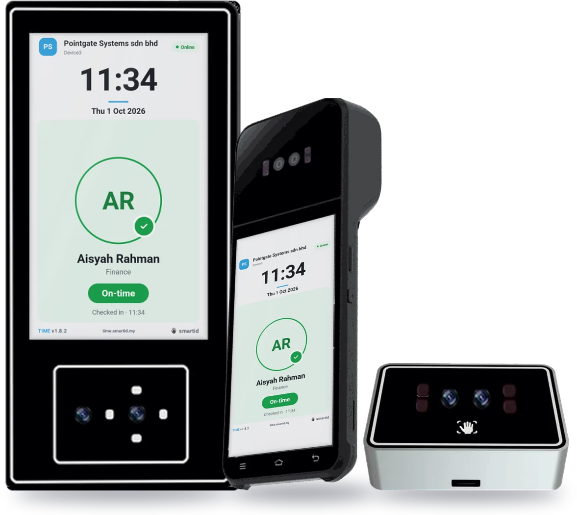 smartid devices: SID TM51-XP wall terminal and SID Z92P handheld both showing a green On-time check-in, and the SID TM-PLS-P desk palm scanner