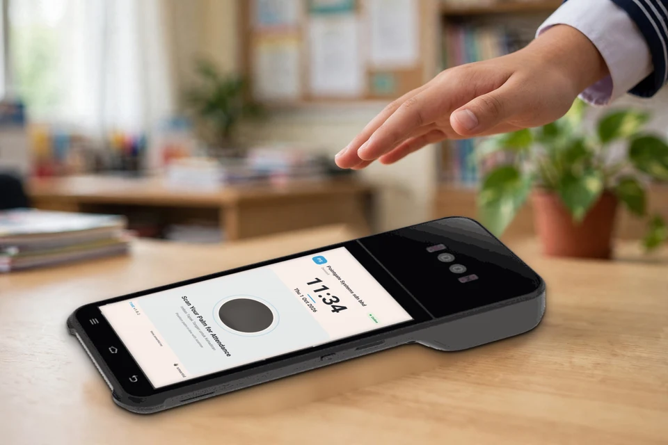 A student holds a palm over the SID Z92P desktop palm attendance device on a table