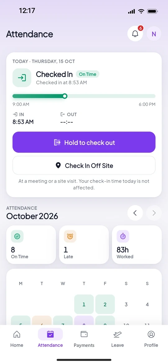 smartid MOBILE attendance history: calendar and the day’s check-in and check-out timeline