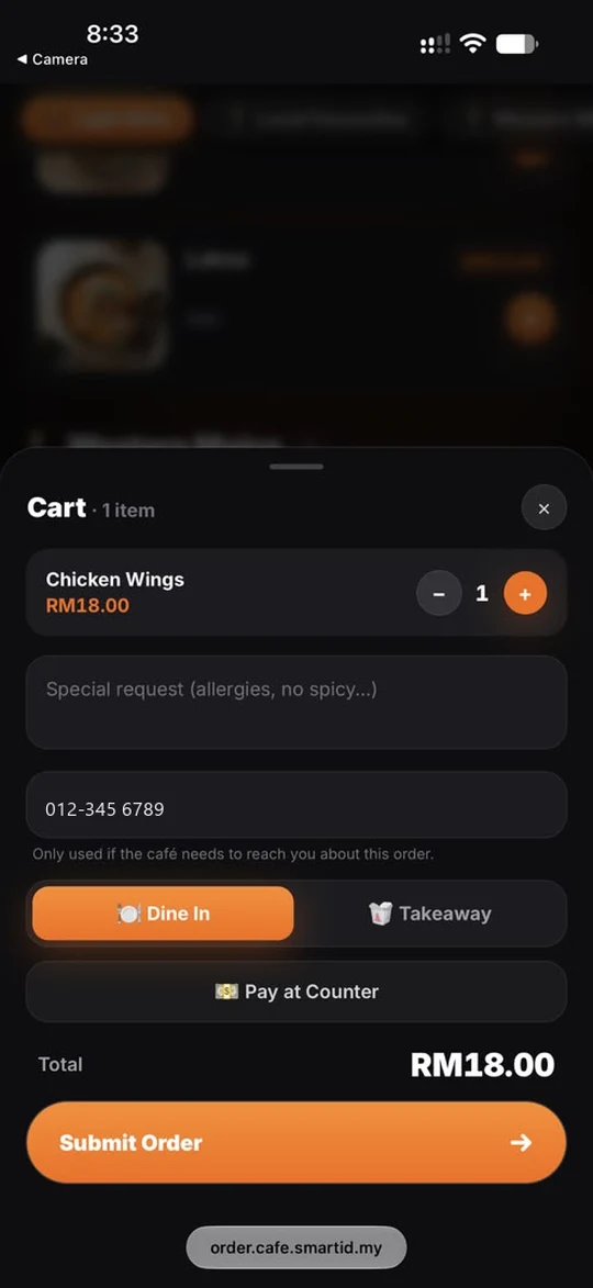 smartid POS QR ordering: cart with dine in, pay at counter and submit order