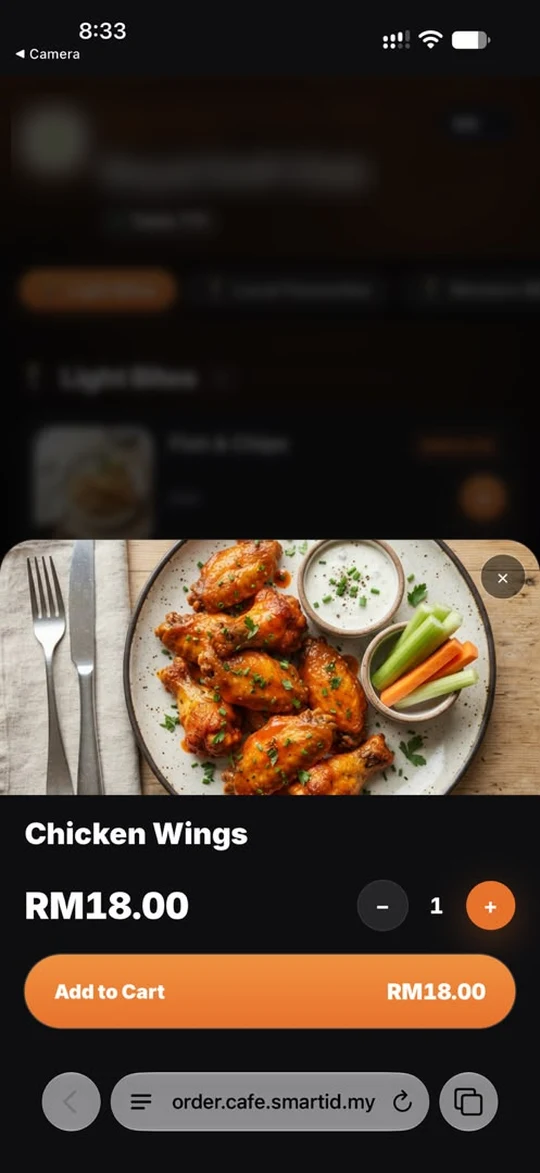 smartid POS QR ordering: Chicken Wings RM18.00, add to cart