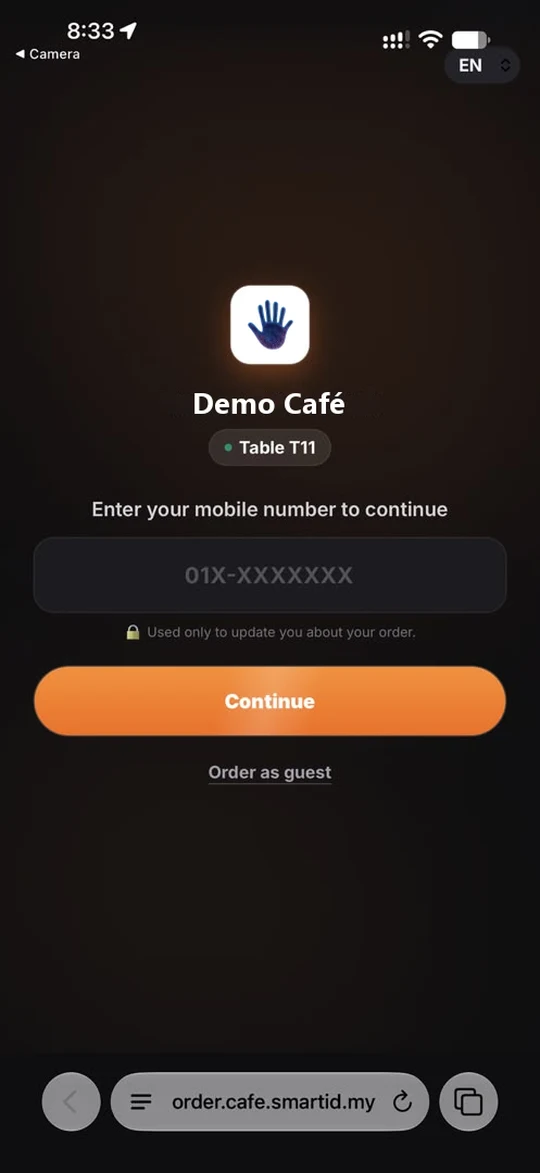 smartid POS QR ordering: enter mobile number or order as guest