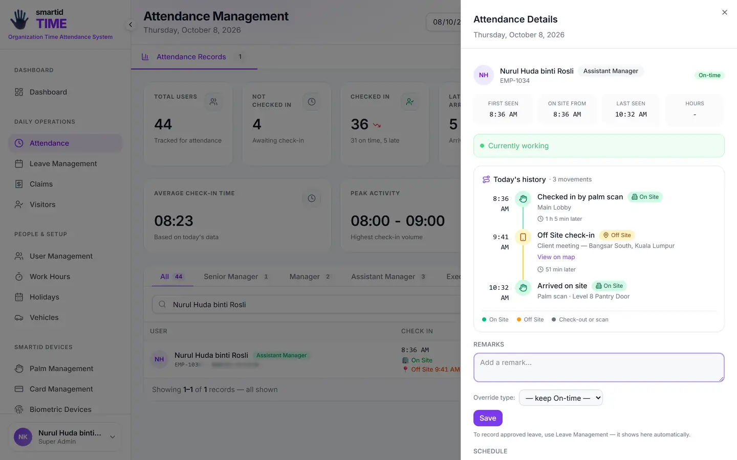 TIME Attendance Details: day timeline with a palm check-in at Main Lobby, an Off Site check-in at a client with location, and back on site